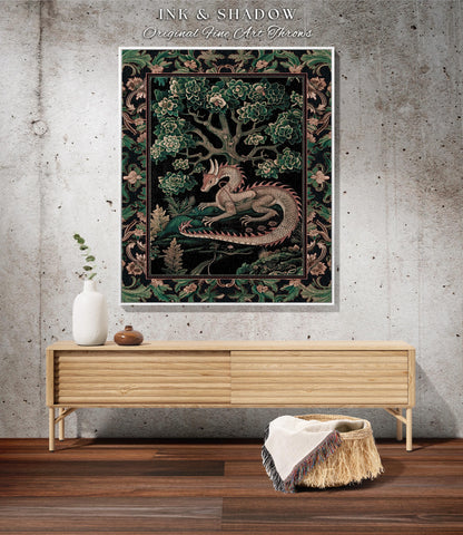 Woodland Dragon Tapestry Throw Enchanted Forest Medieval Fantasy Charm Dark Forestcore Fairytale Cottagecore Renaissance Nature Art Blanket