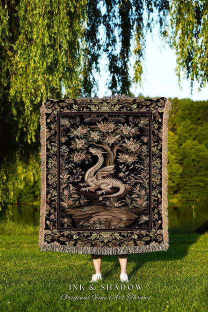 Woodland Gothic White Dragon Blanket Enchanted Forest Tapestry Throw | Mystical Dark Academia Whimsical Fantasy Forestcore Art Deco Decor