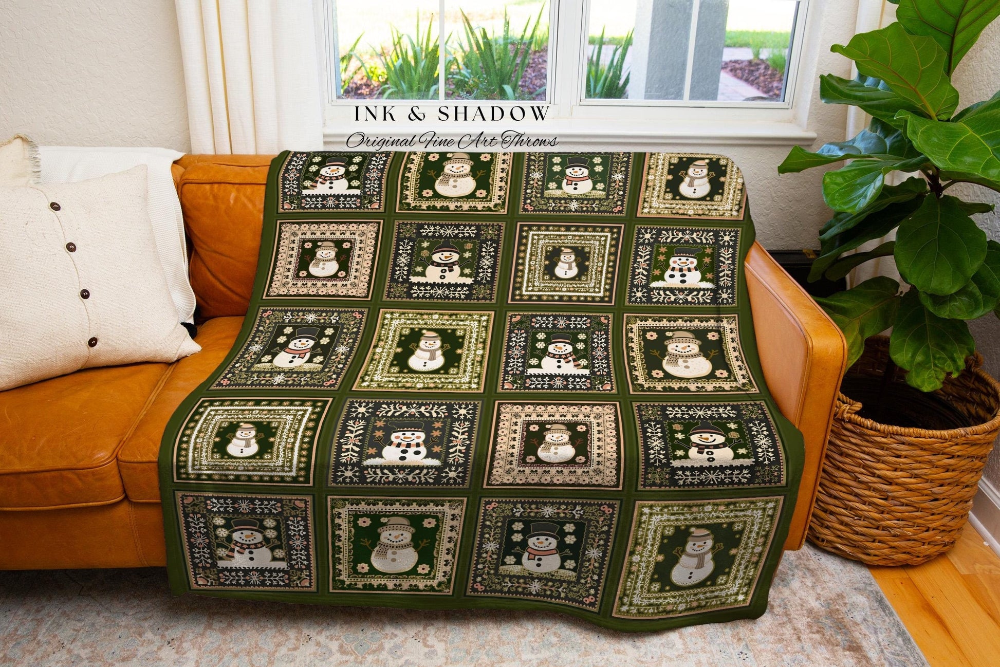 Nostalgic Scandinavian Snowman Blanket Nordic Folk Art Winter Wonderland Throw | Vintage Sage Green Cottagecore Festive Farmhouse Christmas