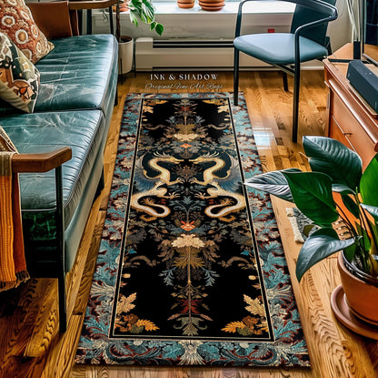 Art Deco Dragon Runner Rug Antique Mystical Baroque Style Decor | Abstract Dragon Art Rug Whimsical Aesthetic Home Dark Academia Teal Accent