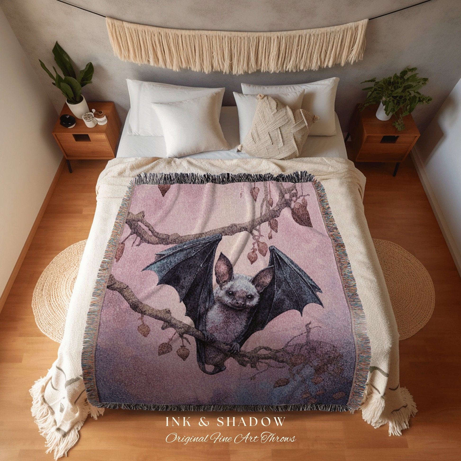 Cute Bat Tapestry Woven Blanket Whimsigoth Decor | Pastel Goth Tapestry Pink Bedroom Decor Fruit Bat Pink Pastel Wall Art Gothic Dorm Room