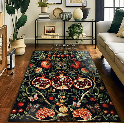 Botanical Pomegranate Enchanted Floral Whimsigothic Rug | Dark Academia Woodland Gothic Vintage Butterfly Moth Art Cottagegoth Occult Decor