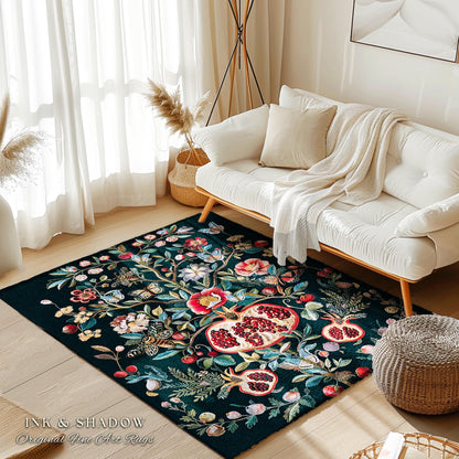 Fairycore Floral Pomegranate Whimsigoth Rug Enchanted Forest Moth Butterfly Decor | Whimsical Cottagecore Vintage Botanical Woodland Whimsy