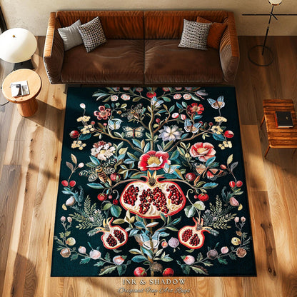 Fairycore Floral Pomegranate Whimsigoth Rug Enchanted Forest Moth Butterfly Decor | Whimsical Cottagecore Vintage Botanical Woodland Whimsy