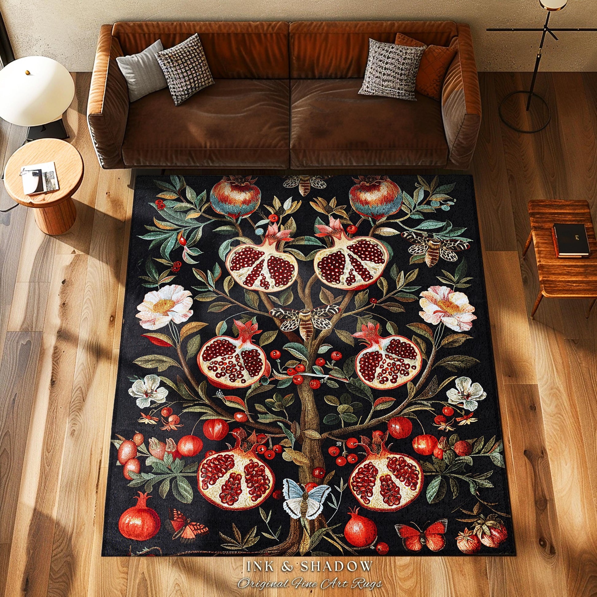 Enchanted Forest Pomegranate Rug Woodland Botanical Forestcore Decor | Nature Inspired Victorian Gothic Dark Cottagecore Floral Fruit Whimsy