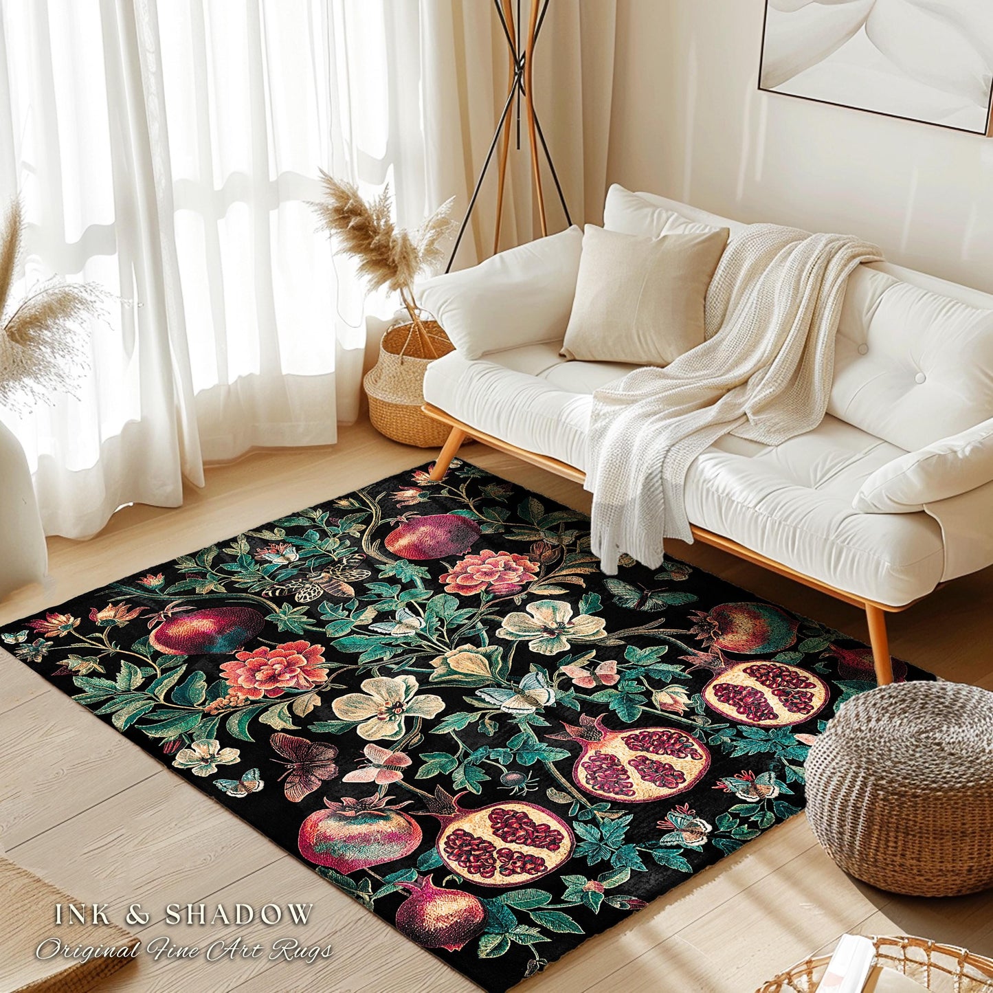 Ethereal Pomegranate Floral Forestcore Rug Enchanted Woodland Gothic Decor | Baroque Inspired Dark Academia Moth Butterfly Fairycore Art Rug