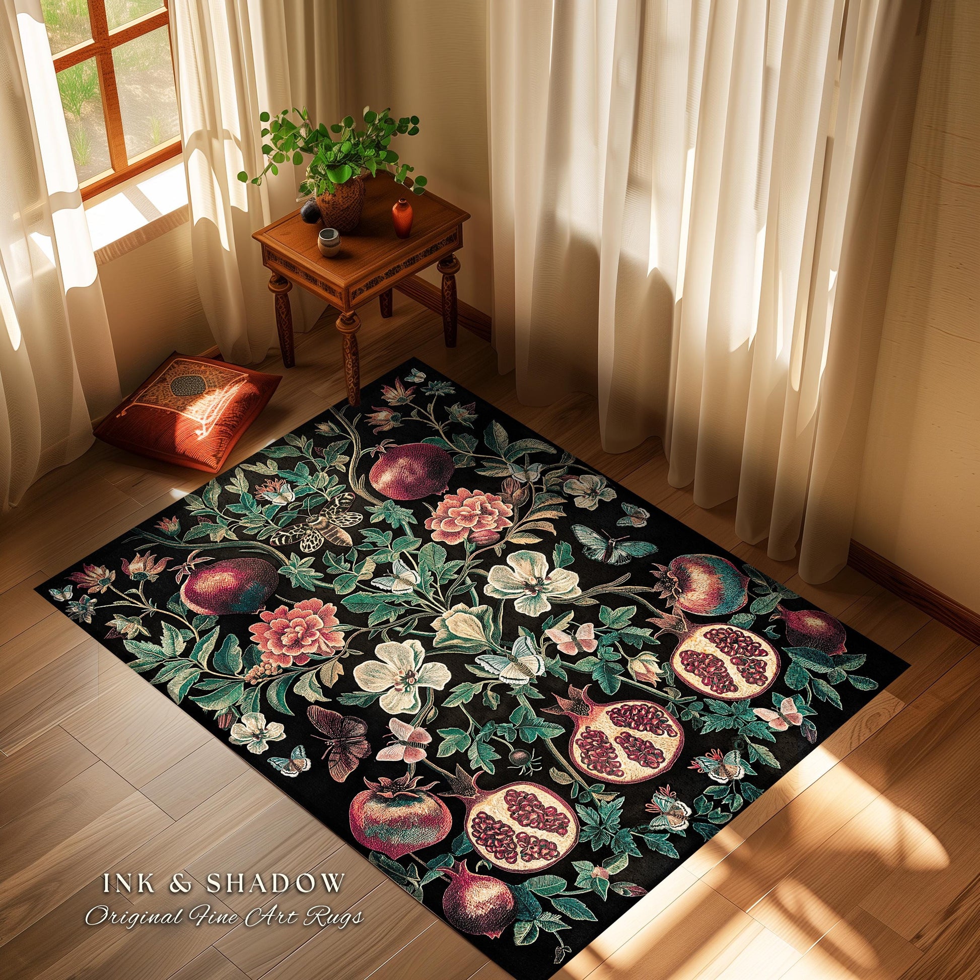 Ethereal Pomegranate Floral Forestcore Rug Enchanted Woodland Gothic Decor | Baroque Inspired Dark Academia Moth Butterfly Fairycore Art Rug