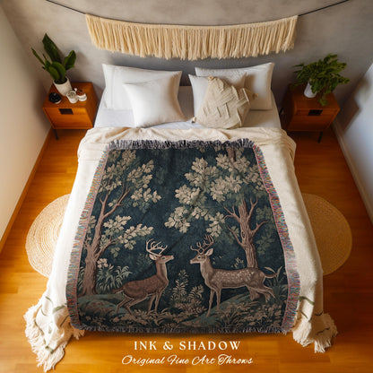 Woven Deer Folk Art Tapestry Blanket Woodland Cottagecore Throw William Morris Decor Gothic Forestcore Aesthetic Bedding Nature Art Academia