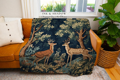 Woven Deer Folk Art Tapestry Blanket Woodland Cottagecore Throw William Morris Decor Gothic Forestcore Aesthetic Bedding Nature Art Academia