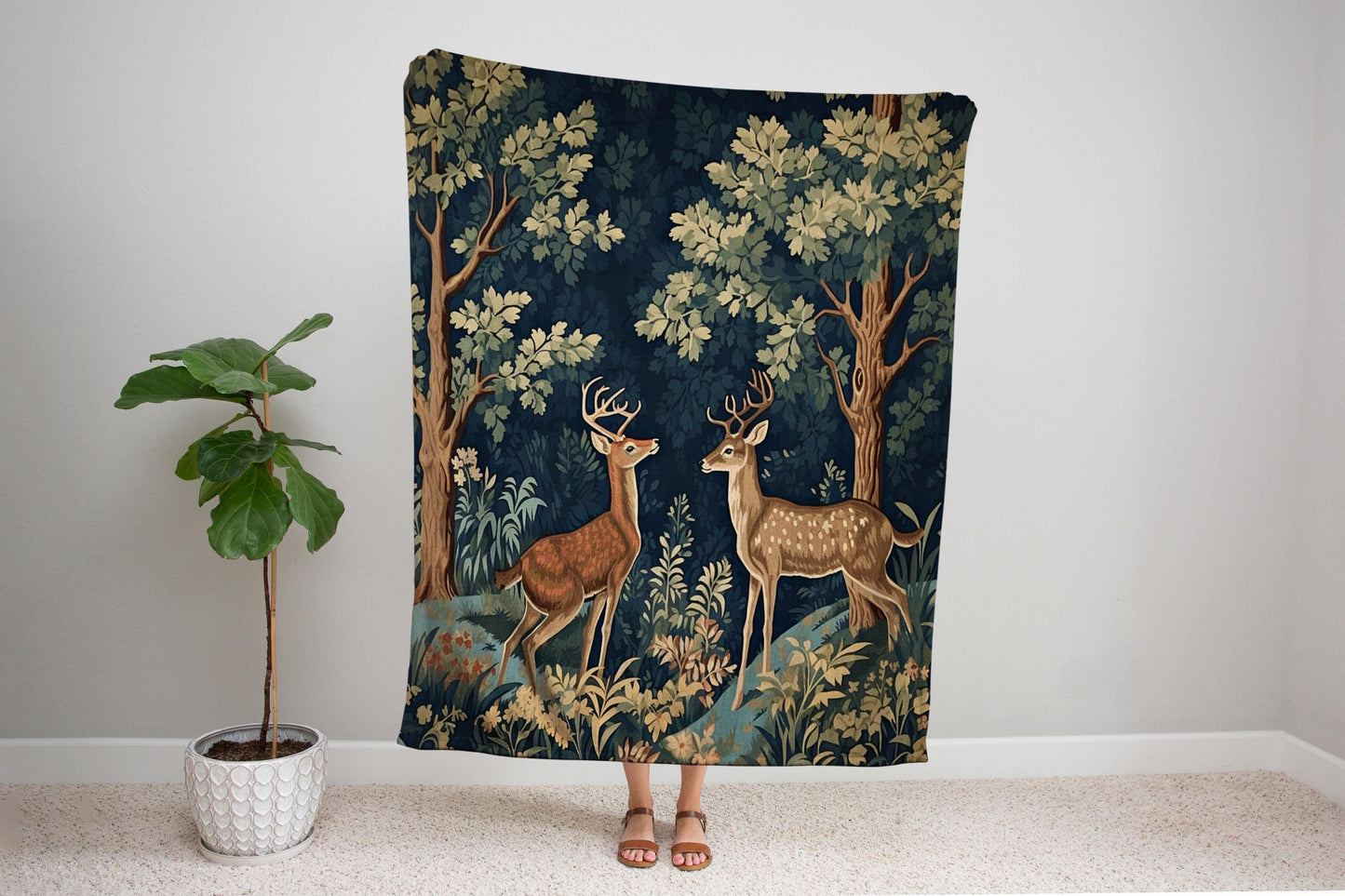 Woven Deer Folk Art Tapestry Blanket Woodland Cottagecore Throw William Morris Decor Gothic Forestcore Aesthetic Bedding Nature Art Academia