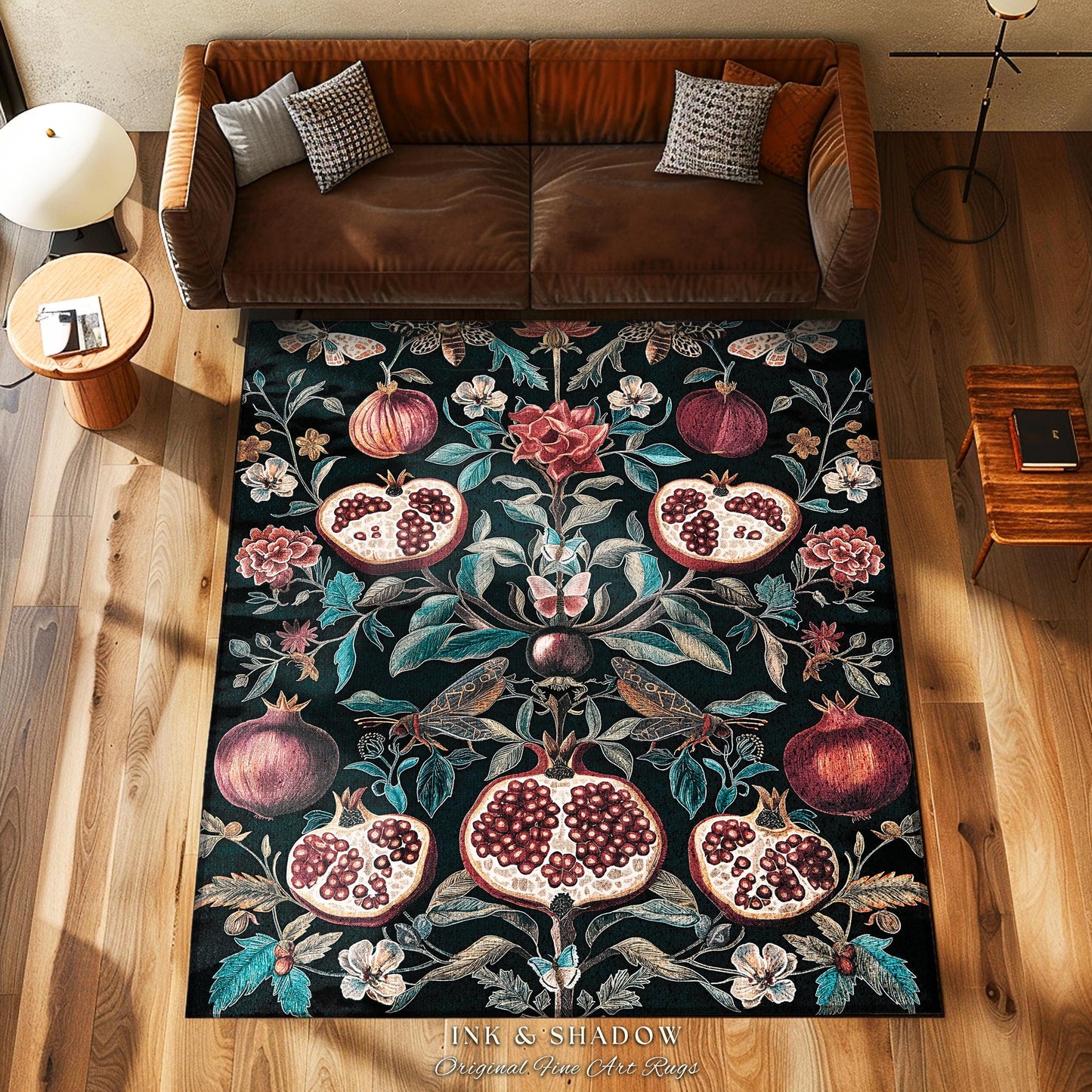 Woodland Gothic Pomegranate Botanical Rug Enchanted Forest Nature Butterfly Decor, Romantic Baroque Whimsical Forestcore Floral Cottagecore