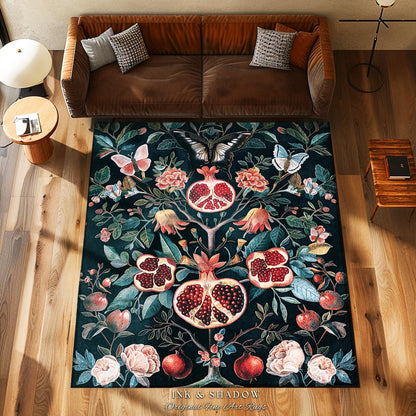 Vintage Pomegranate Floral Whimsigoth Rug Enchanted Botanical Butterfly Home Decor | Victorian Gothic Whimsical Woodland Forestcore Design