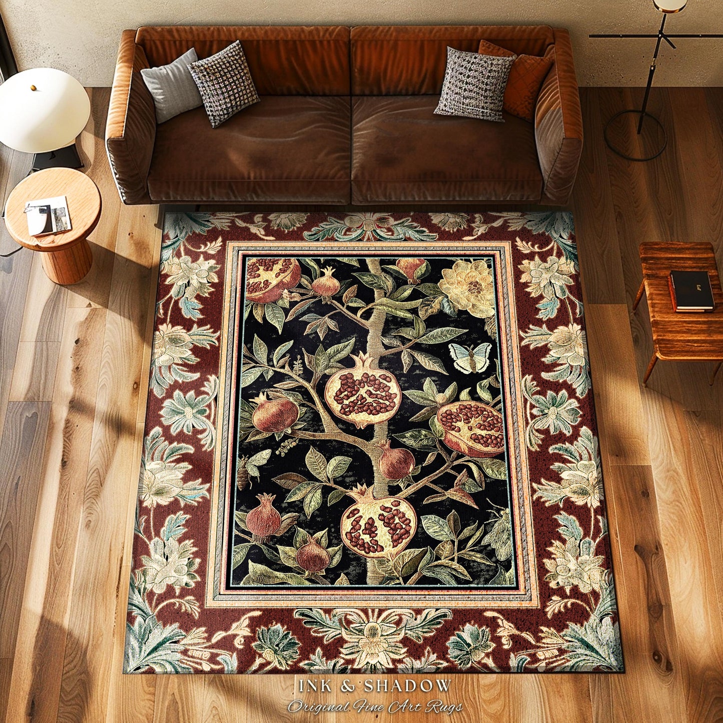 Floral Whimsigoth Vintage Pomegranate Art Nature Rug Cottagegoth Botanical Baroque Elegance, Medieval Style Forestcore Fruit Cottagecore Rug