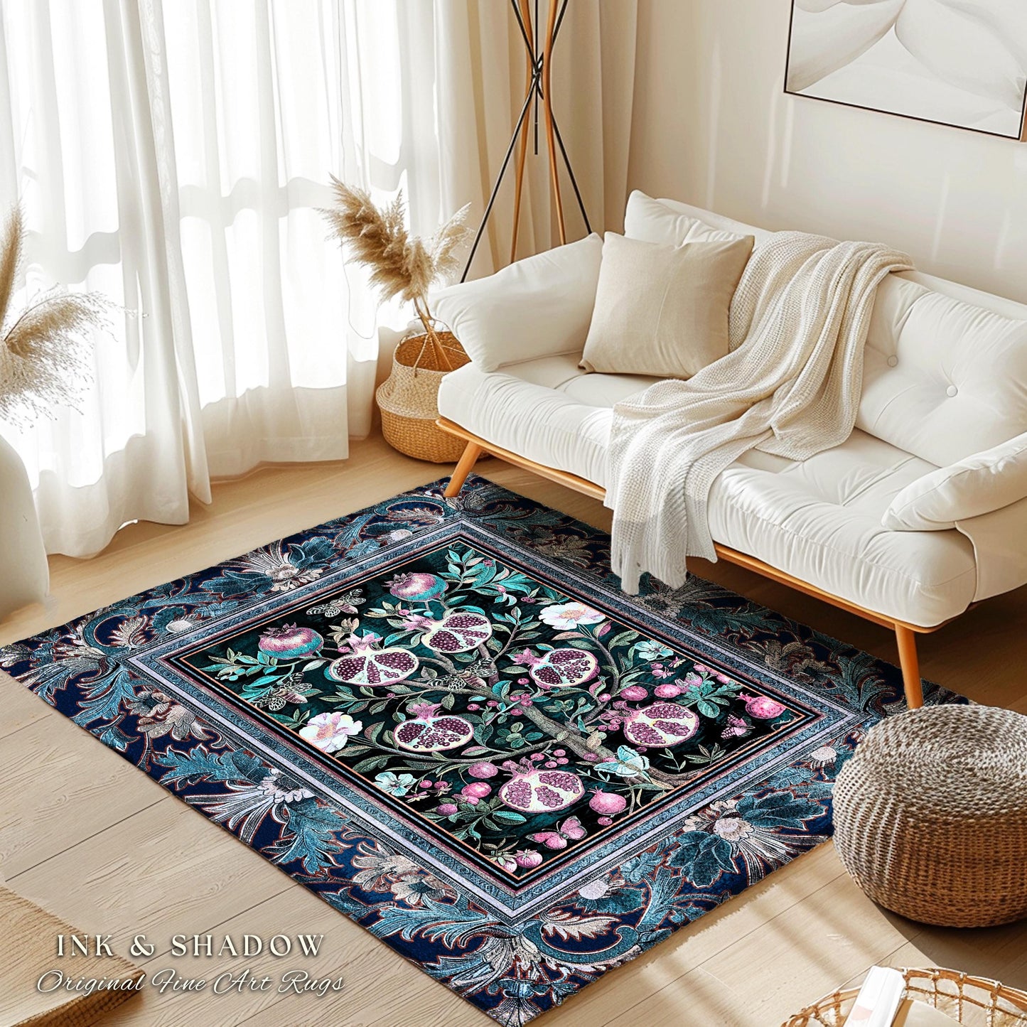 Enchanted Floral Pomegranate Rug Whimsigothic Botanical Witch Cottagecore Decor, Witchy Dark Academia Indigo Blue Forestcore Art Nouveau Rug