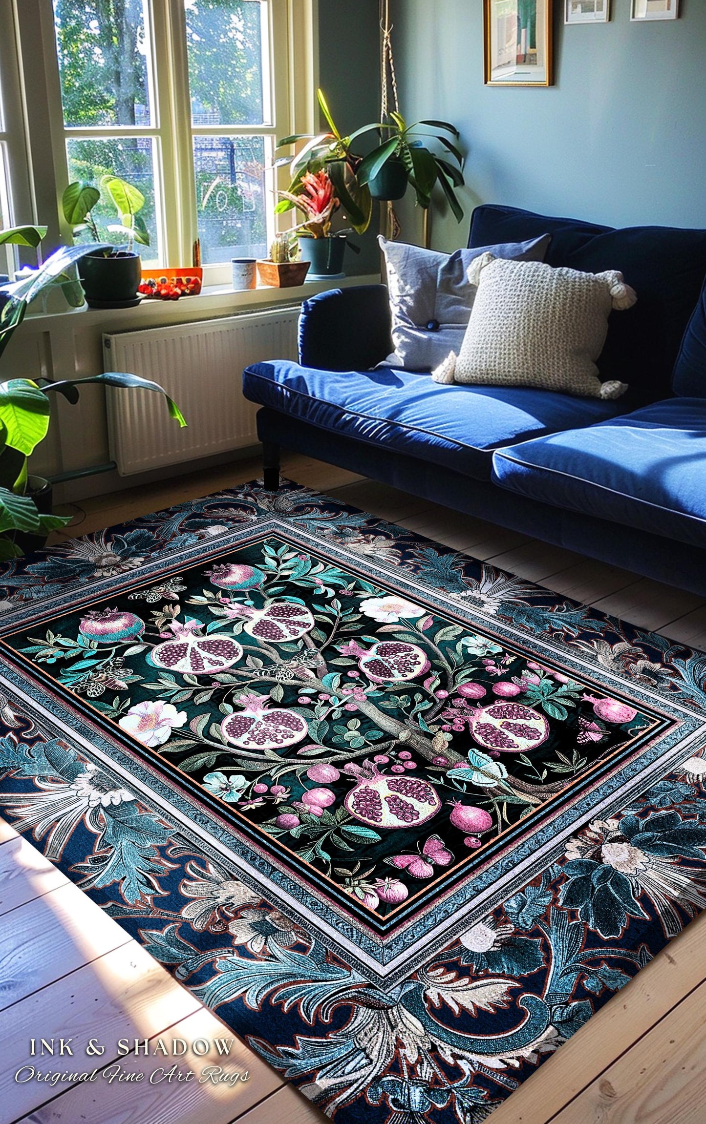 Enchanted Floral Pomegranate Rug Whimsigothic Botanical Witch Cottagecore Decor, Witchy Dark Academia Indigo Blue Forestcore Art Nouveau Rug