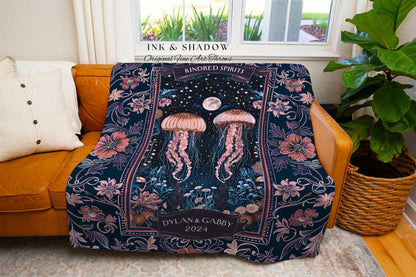 Midnight Purple Enchanted Moonlit Jellyfish Couple Personalized Tapestry Throw, Wedding Anniversary Valentine Custom Names Ocean Art Blanket