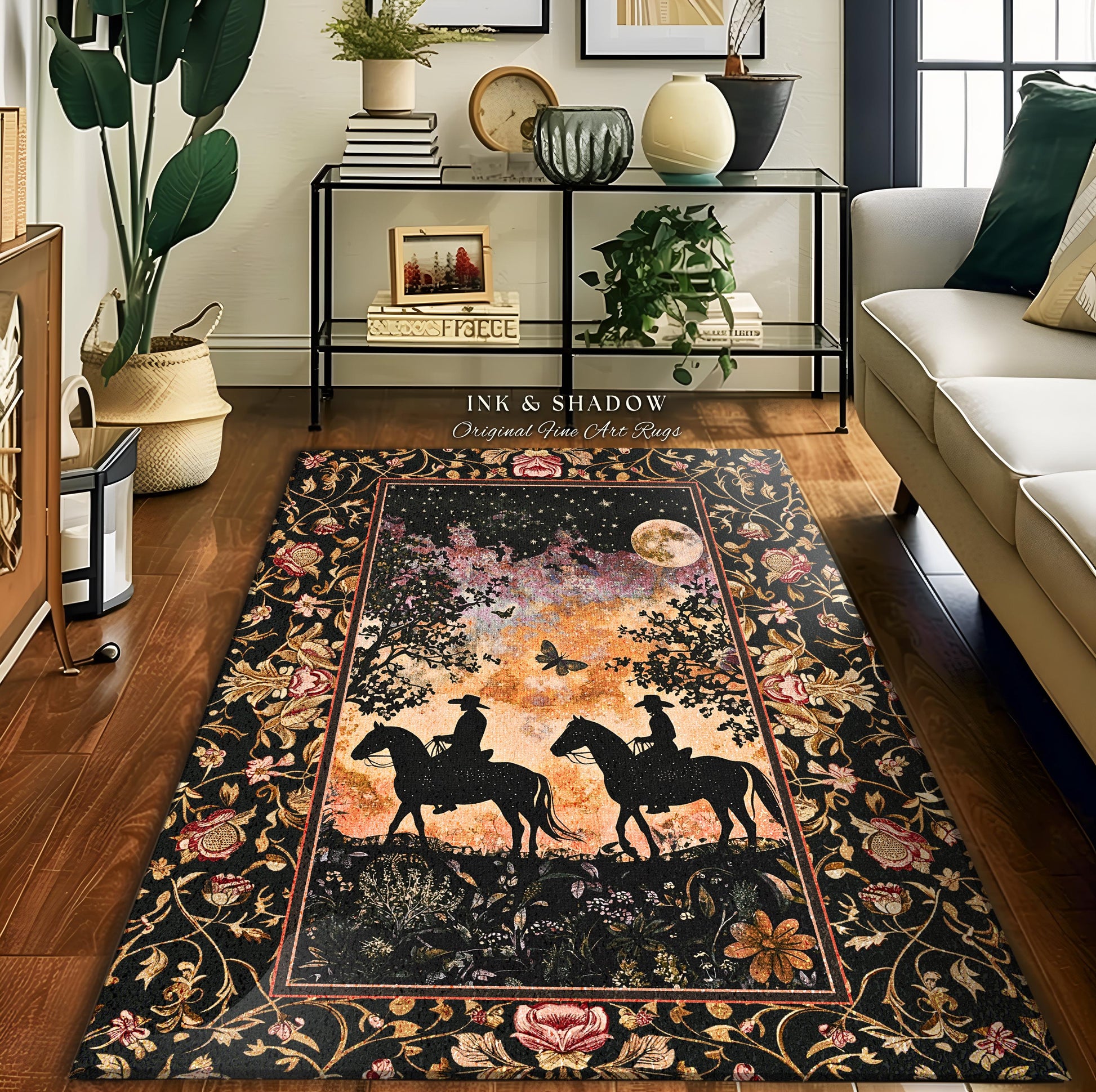 Cosmic Country Western Area Rug | Western Cowgirl Farmhouse Decor Southwestern Nursery Theme Horse Lover Ethereal Bohemian Rug Silhouettes |