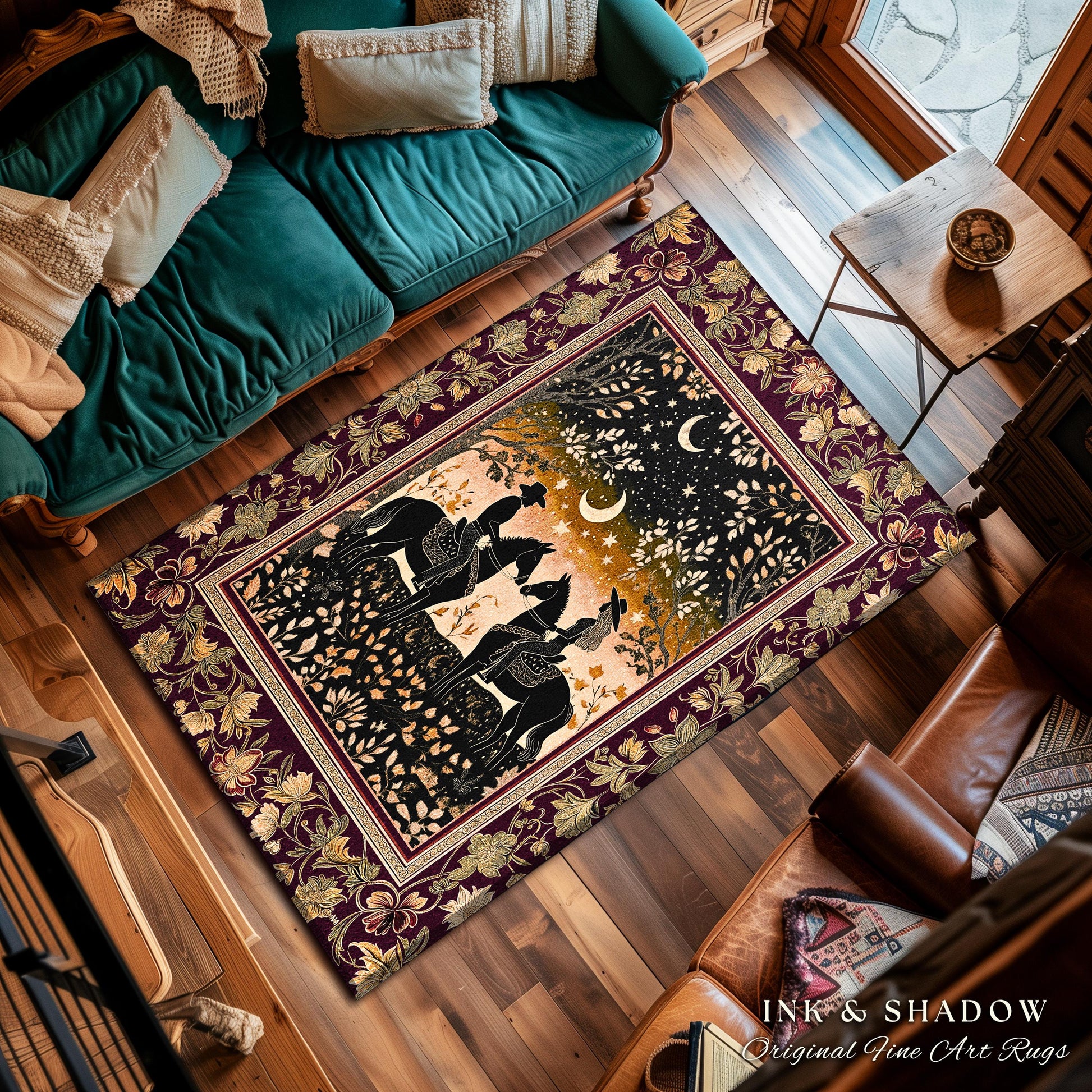 Western Vibe Farmhouse Rug | Ethereal Silhouettes Starry Night Country Western Cowgirl Farmhouse Decor Southwestern Nursery Theme Horse Boho