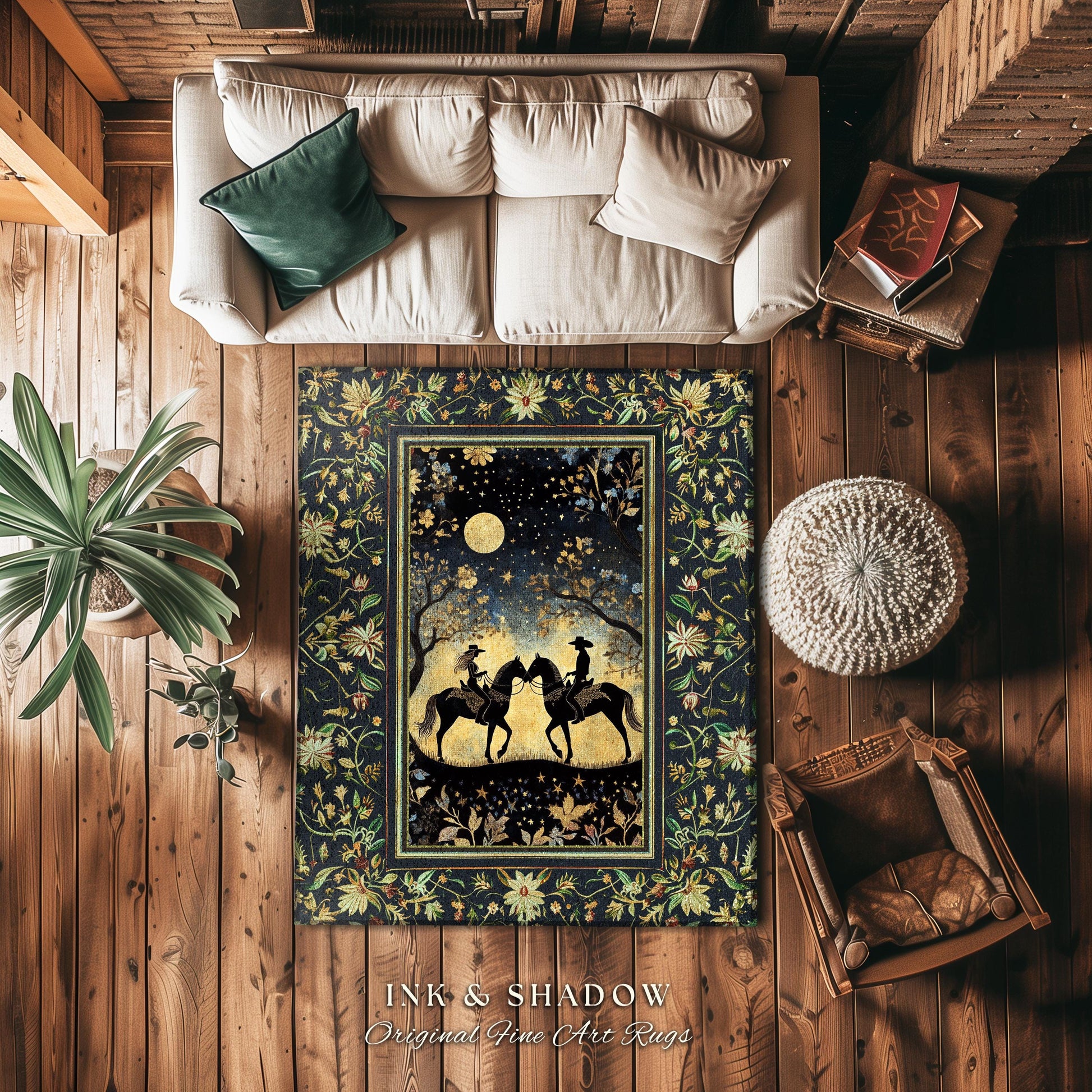 Whimsigothic Western Rug Cute | Storybook Book Nook Area Rug Ethereal Silhouettes Starry Night Country Western Cowgirl Farmhouse Aesthetic |