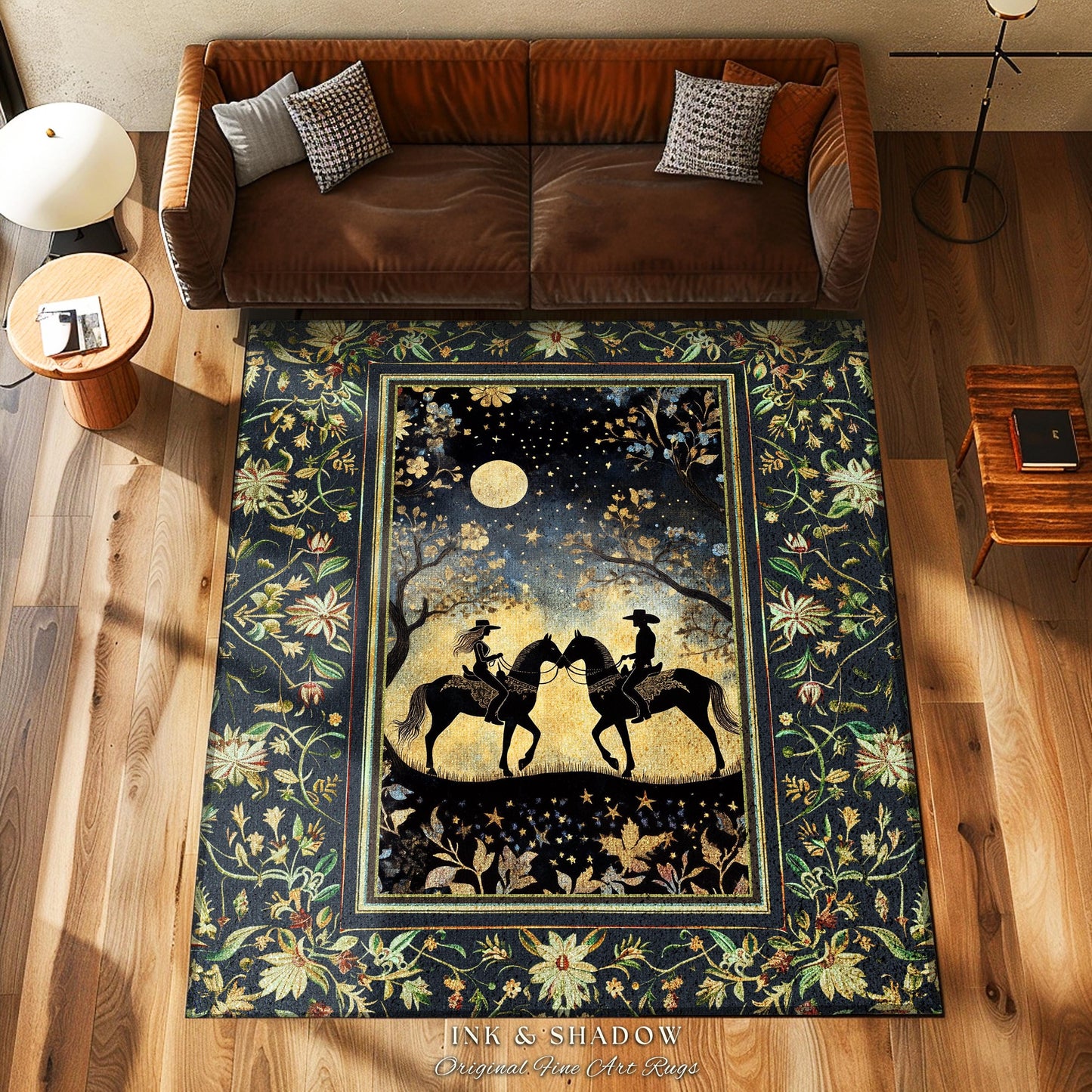 Whimsigothic Western Rug Cute | Storybook Book Nook Area Rug Ethereal Silhouettes Starry Night Country Western Cowgirl Farmhouse Aesthetic |