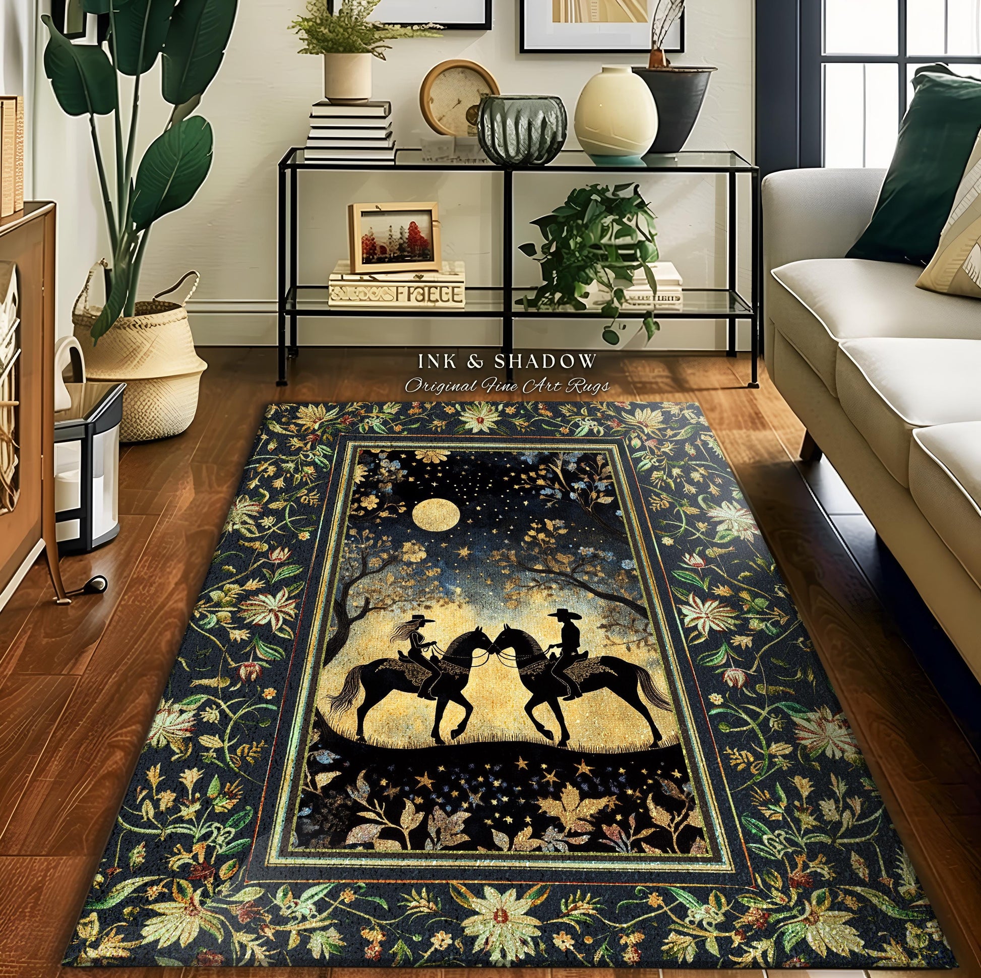 Whimsigothic Western Rug Cute | Storybook Book Nook Area Rug Ethereal Silhouettes Starry Night Country Western Cowgirl Farmhouse Aesthetic |