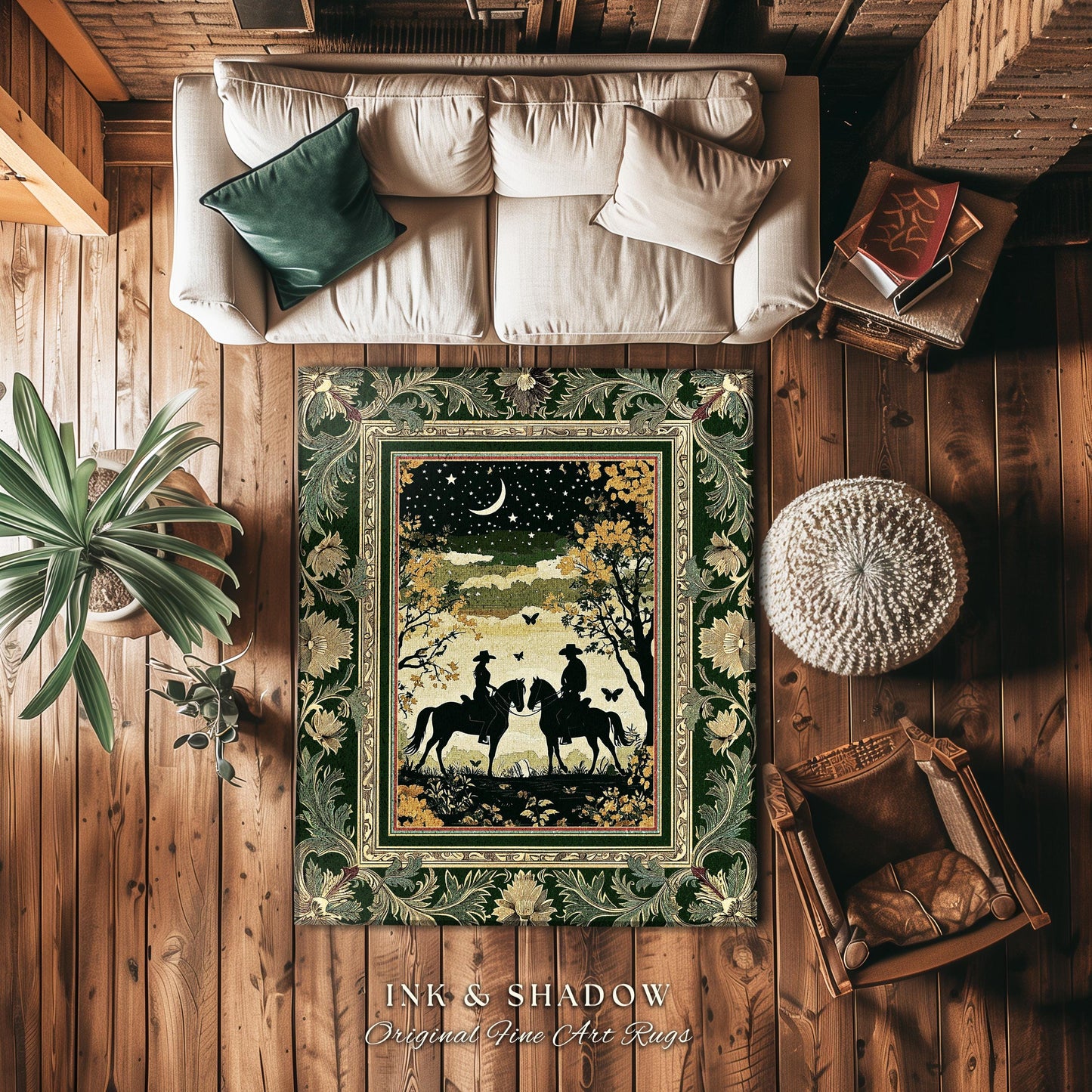 Western Aesthetic Area Rug | Celestial Cowboy & Cowgirl Rustic Farmhouse Decor Western Theme Horse Lover Ethereal Bohemian Living Room Cute