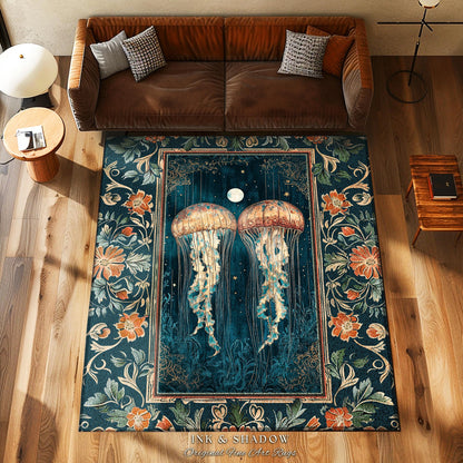 Deep Sea Wonders Jellyfish Rug | Floral Botanical Ocean Lover Rug Deep Blue Ethereal Coastal Decor Enchanted Nursery Theme Magical Creatures