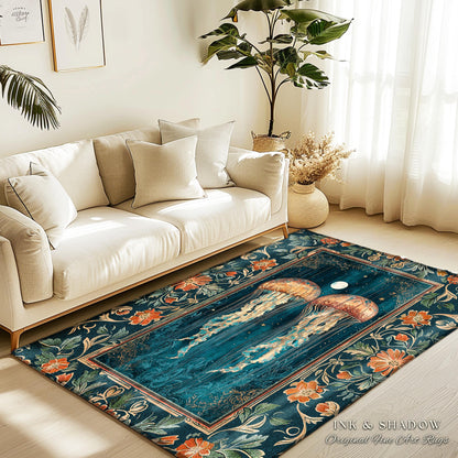 Deep Sea Wonders Jellyfish Rug | Floral Botanical Ocean Lover Rug Deep Blue Ethereal Coastal Decor Enchanted Nursery Theme Magical Creatures