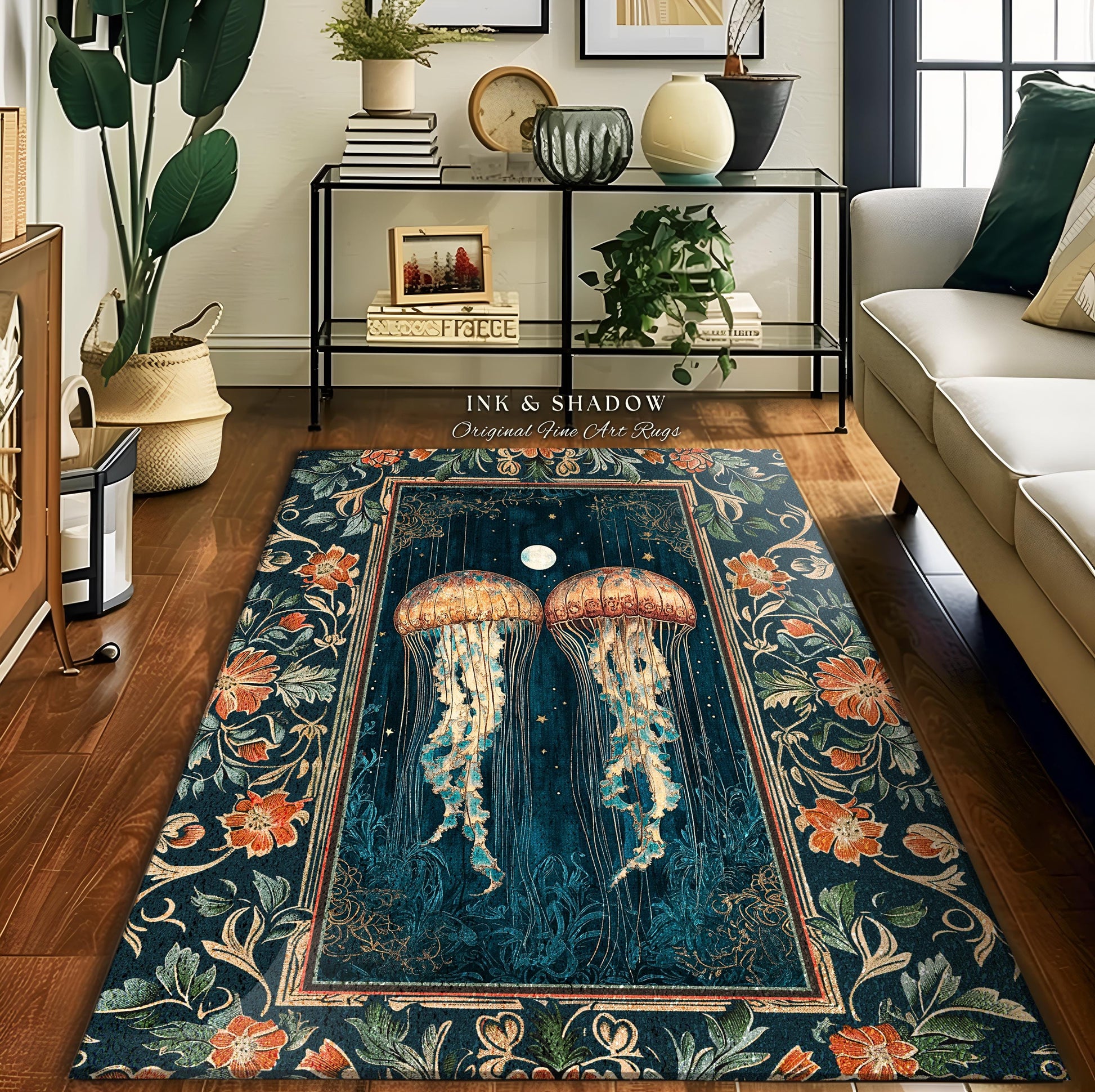 Deep Sea Wonders Jellyfish Rug | Floral Botanical Ocean Lover Rug Deep Blue Ethereal Coastal Decor Enchanted Nursery Theme Magical Creatures