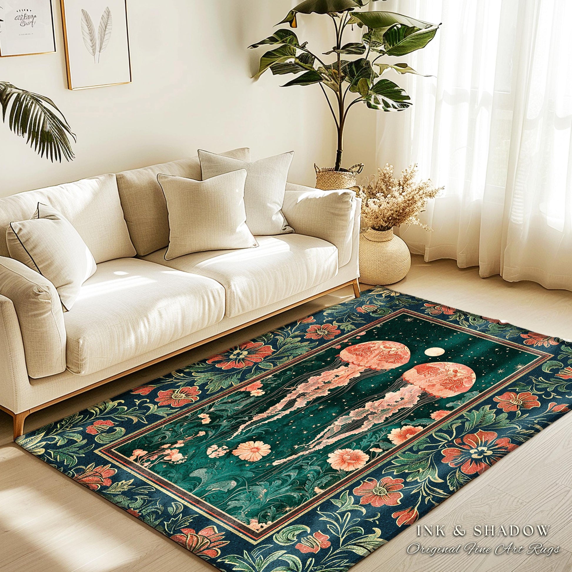 Victorian Botanical Jellyfish Rug | Dark Academia Celestial Cottagecore Enchanted Whimsigothic Vintage Floral Area Rug Nautical Accent |