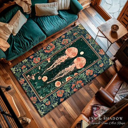 Victorian Botanical Jellyfish Rug | Dark Academia Celestial Cottagecore Enchanted Whimsigothic Vintage Floral Area Rug Nautical Accent |