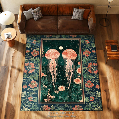 Victorian Botanical Jellyfish Rug | Dark Academia Celestial Cottagecore Enchanted Whimsigothic Vintage Floral Area Rug Nautical Accent |