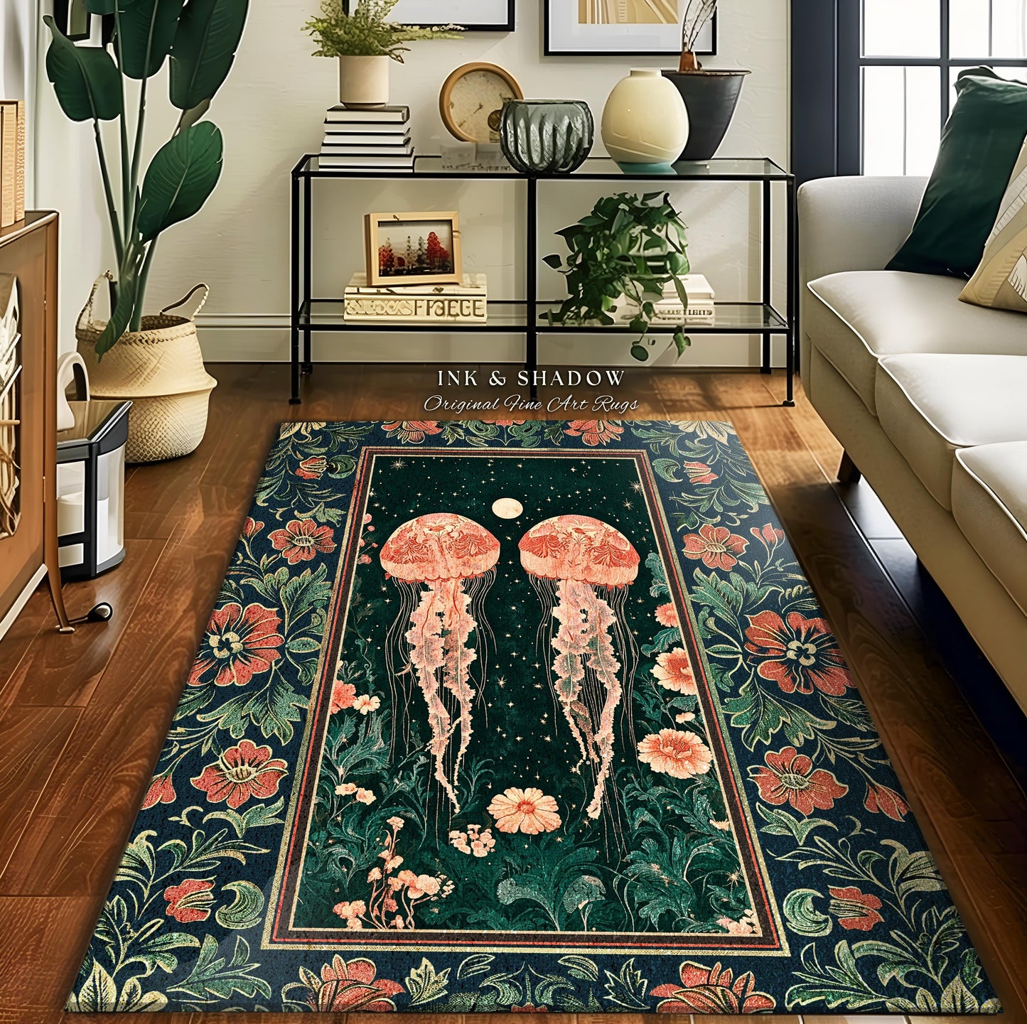 Victorian Botanical Jellyfish Rug | Dark Academia Celestial Cottagecore Enchanted Whimsigothic Vintage Floral Area Rug Nautical Accent |