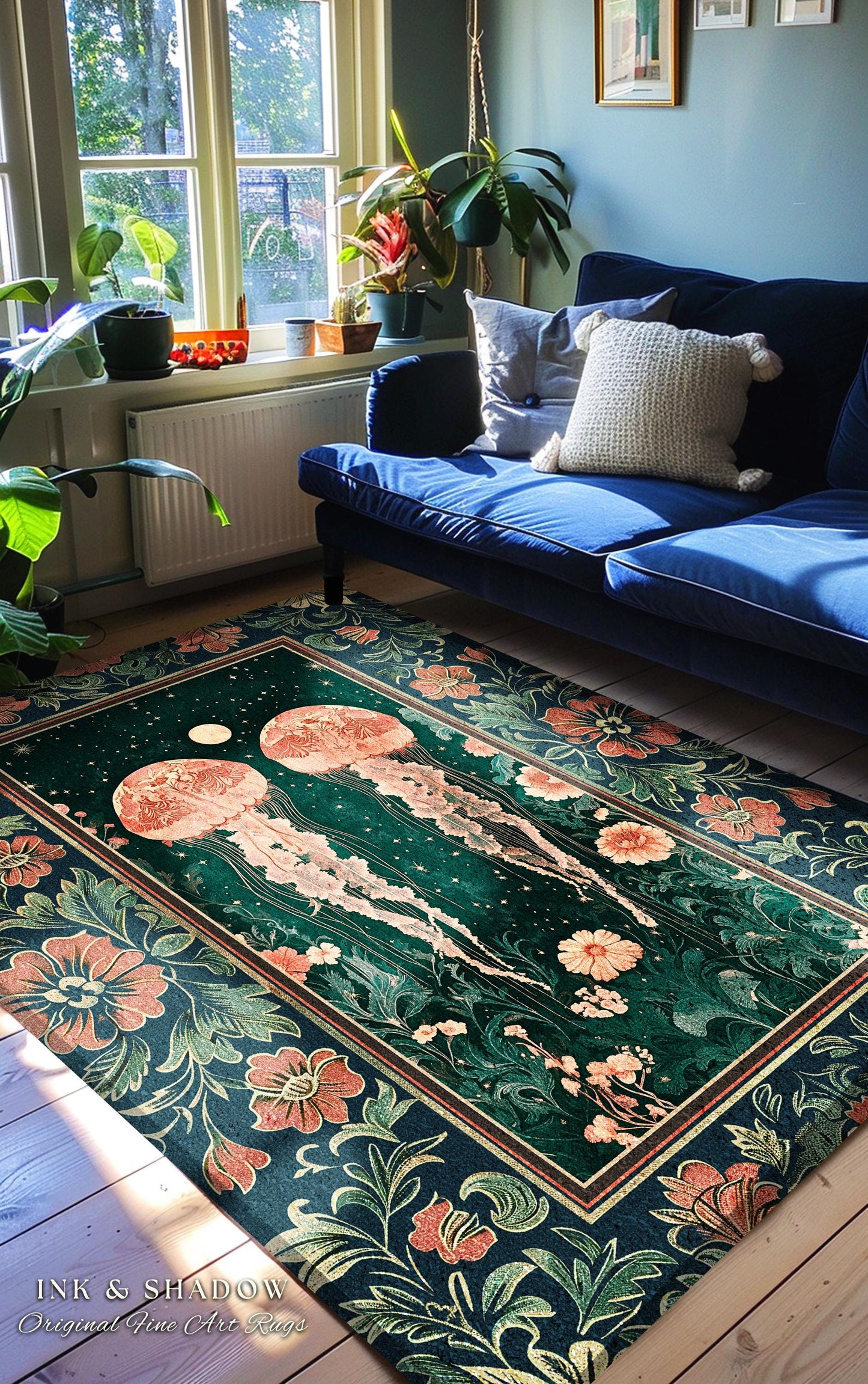 Victorian Botanical Jellyfish Rug | Dark Academia Celestial Cottagecore Enchanted Whimsigothic Vintage Floral Area Rug Nautical Accent |