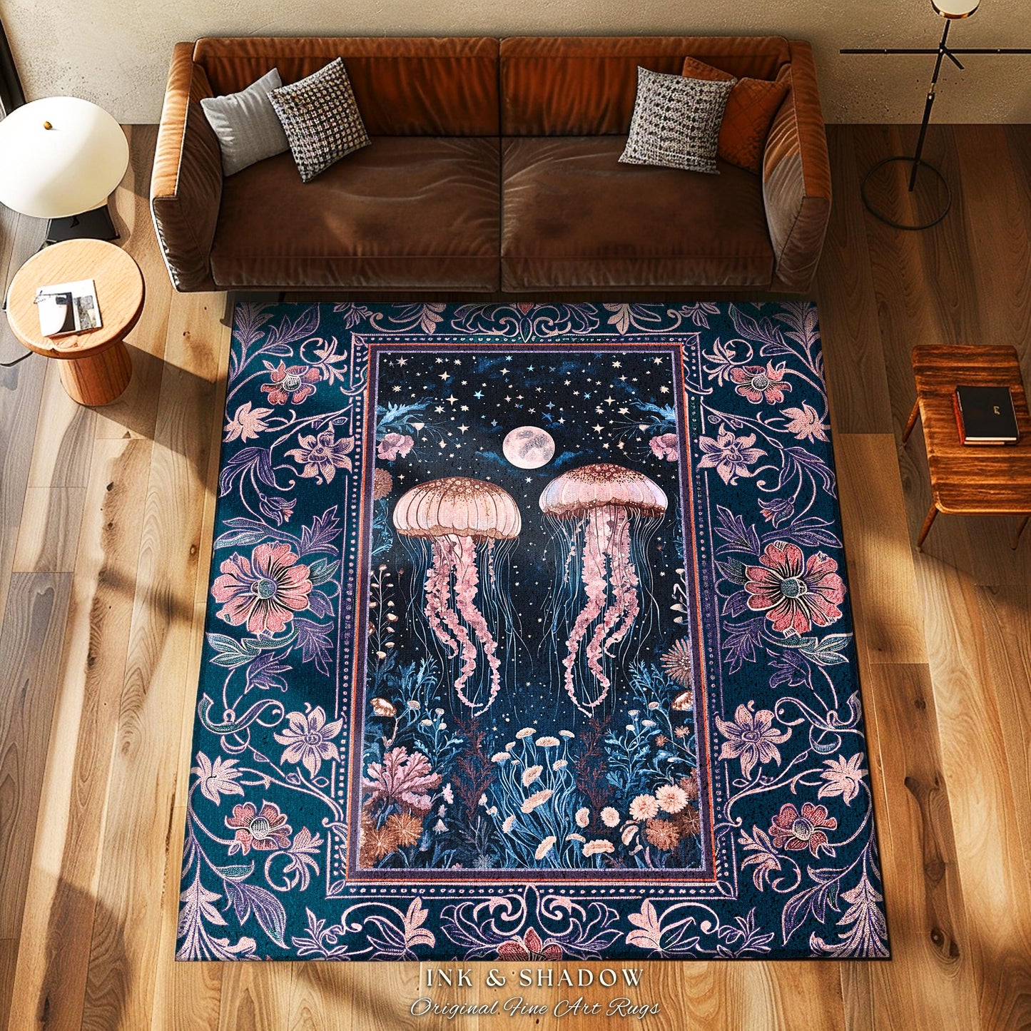 Victorian Gothic Jellyfish Underwater Sea Scene Rug Celestial Costal Cottagecore Enchanted Whimsigothic Art Vintage Purple Dark Floral Decor