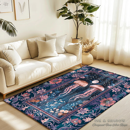 Victorian Gothic Jellyfish Underwater Sea Scene Rug Celestial Costal Cottagecore Enchanted Whimsigothic Art Vintage Purple Dark Floral Decor