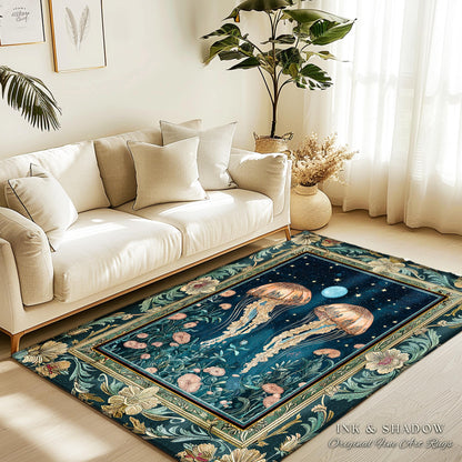 Enchanted Jellyfish Rug Midnight Blue Celestial Floral Coastal Cottagecore, Art Nouveau Marine Fairycore Moonlit Mystical Underwater Decor