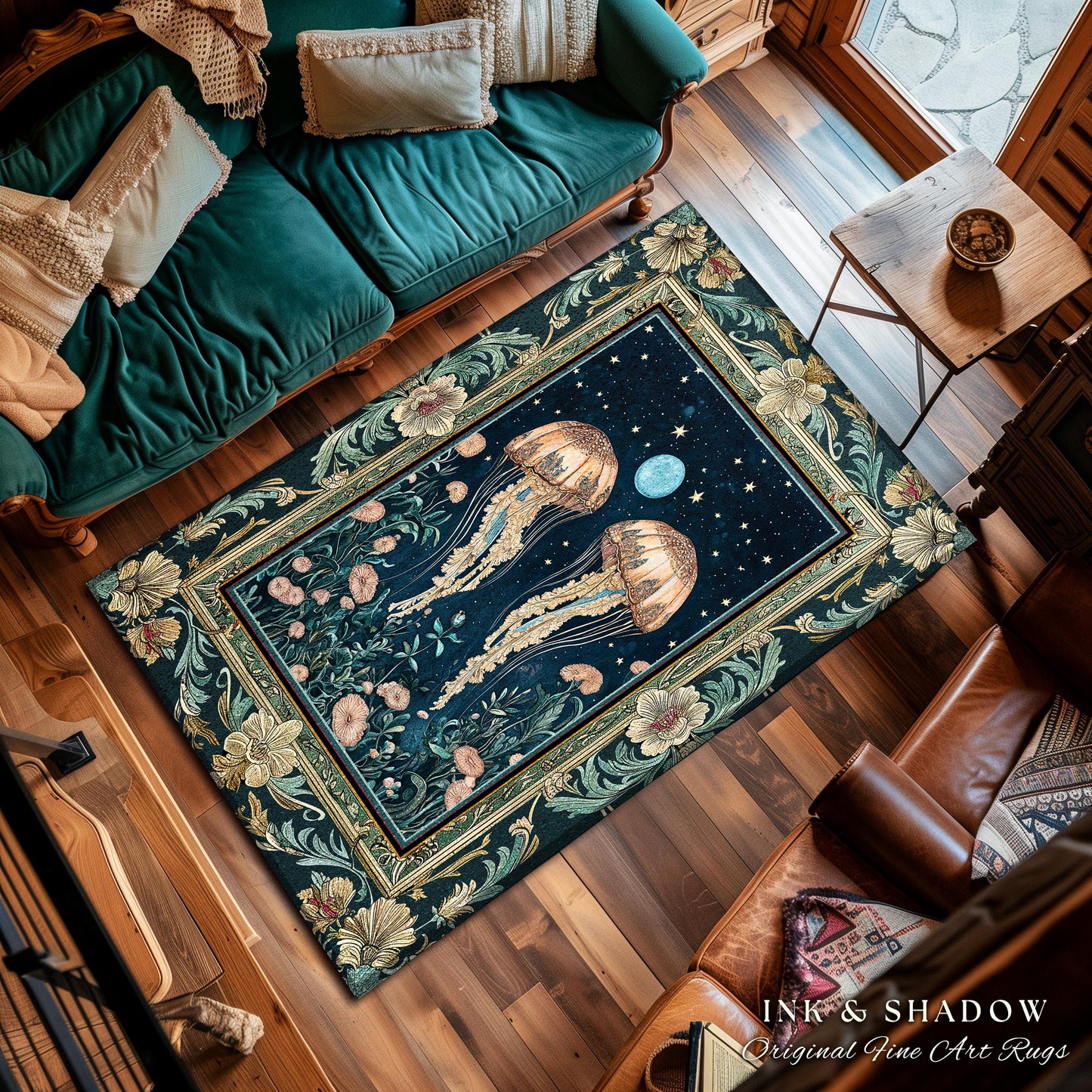 Enchanted Jellyfish Rug Midnight Blue Celestial Floral Coastal Cottagecore, Art Nouveau Marine Fairycore Moonlit Mystical Underwater Decor