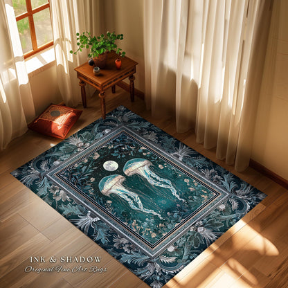 Lunar Ocean Jellyfish Rug Deep Blue Ethereal Coastal Decor, Enchanted Art Nouveau Cottagecore Marine Scene Moonlight Nautical Underwater Rug
