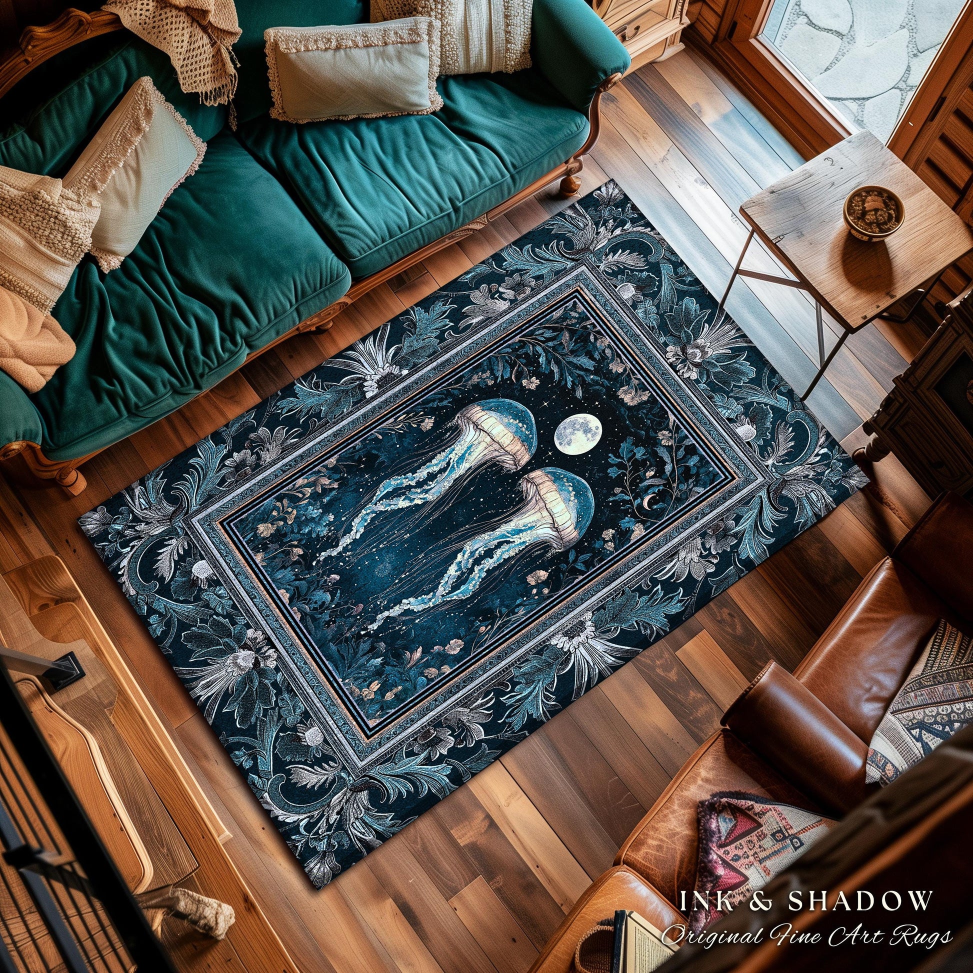 Lunar Ocean Jellyfish Rug Deep Blue Ethereal Coastal Decor, Enchanted Art Nouveau Cottagecore Marine Scene Moonlight Nautical Underwater Rug