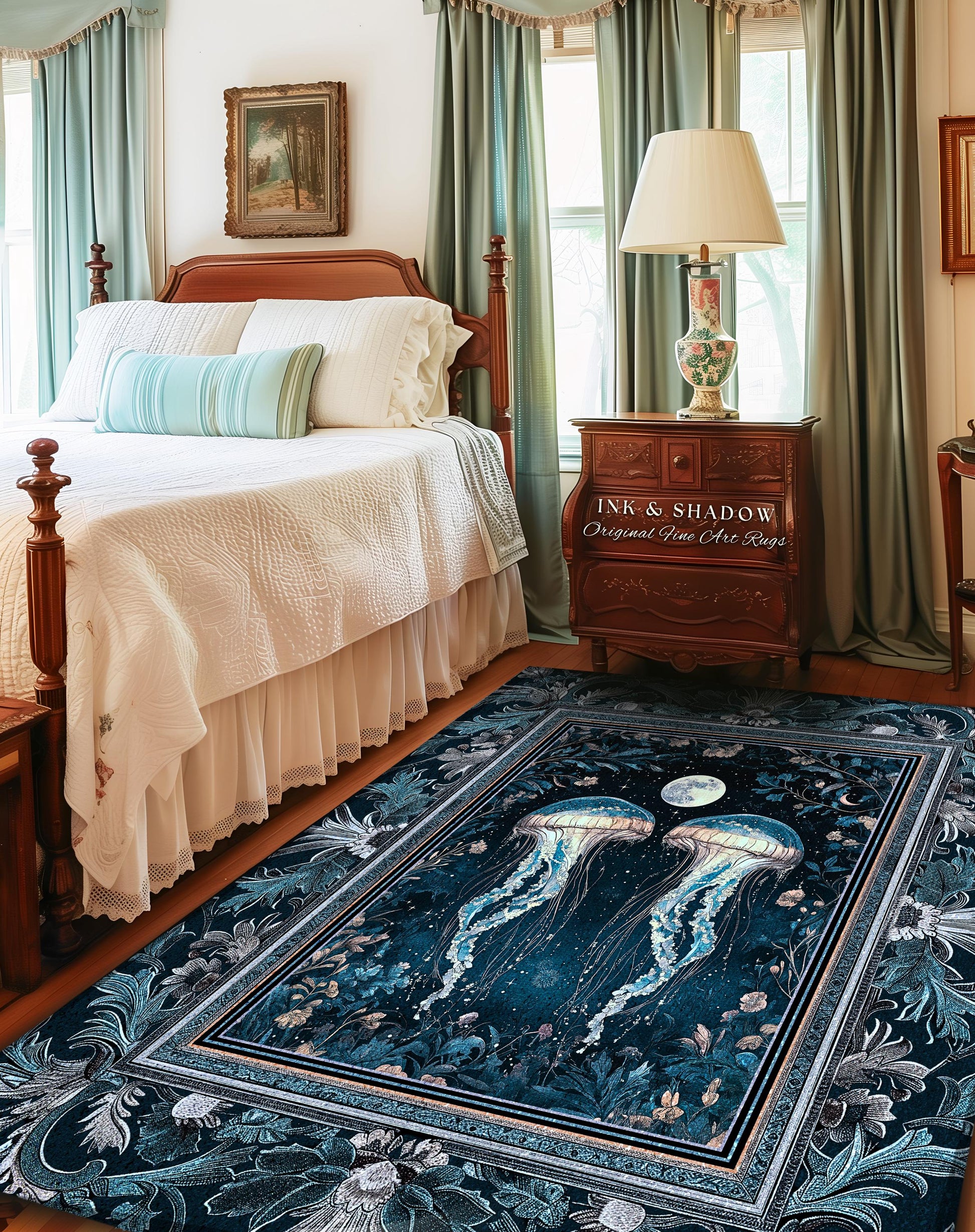 Lunar Ocean Jellyfish Rug Deep Blue Ethereal Coastal Decor, Enchanted Art Nouveau Cottagecore Marine Scene Moonlight Nautical Underwater Rug