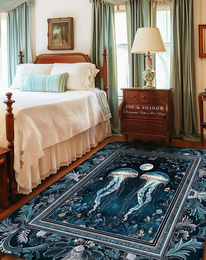 Lunar Ocean Jellyfish Rug Deep Blue Ethereal Coastal Decor, Enchanted Art Nouveau Cottagecore Marine Scene Moonlight Nautical Underwater Rug