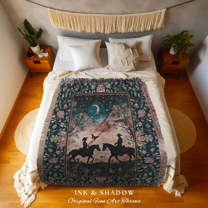 Moody Western Lovers Woven Blanket | Starry Night Moonlit Western Celestial Silhouettes Cowgirl Cowboy Ethereal Farmhouse Decor Mystic Cute