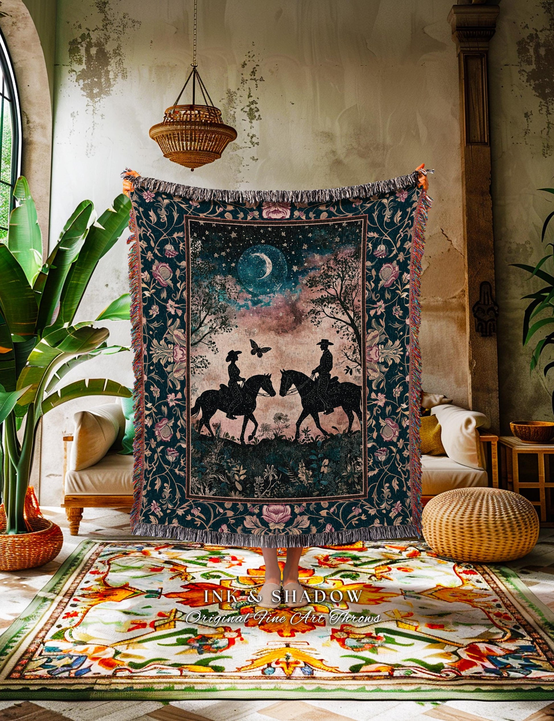 Moody Western Lovers Woven Blanket | Starry Night Moonlit Western Celestial Silhouettes Cowgirl Cowboy Ethereal Farmhouse Decor Mystic Cute