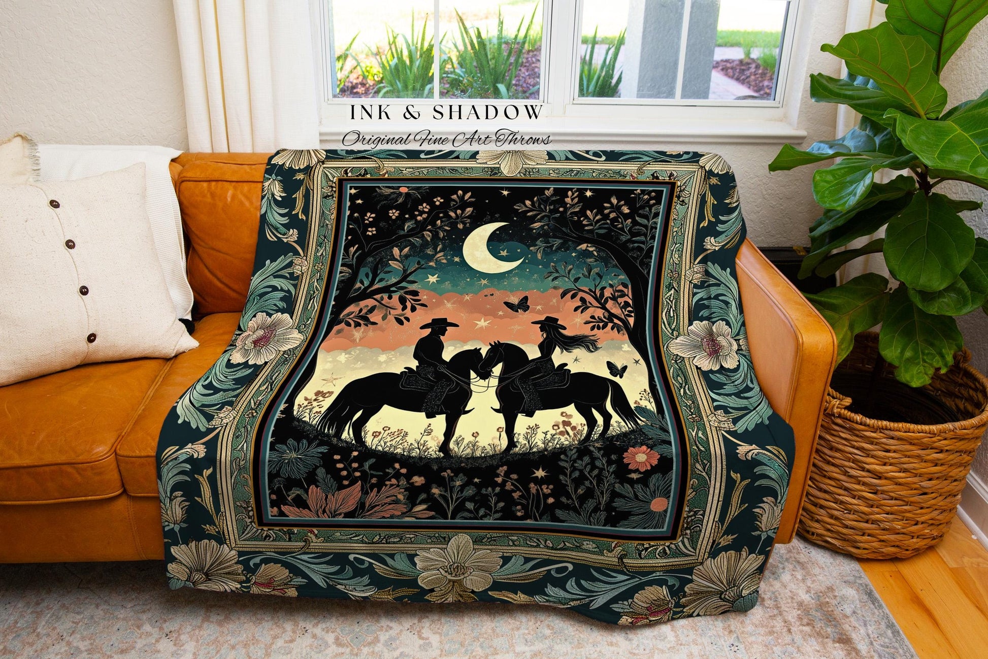 Starry Silhouettes Woven Tapestry | Romantic Moonlit Western Cowgirl Cowboy Ethereal Farmhouse Decor Horse Lover Country Theme Home Decor |