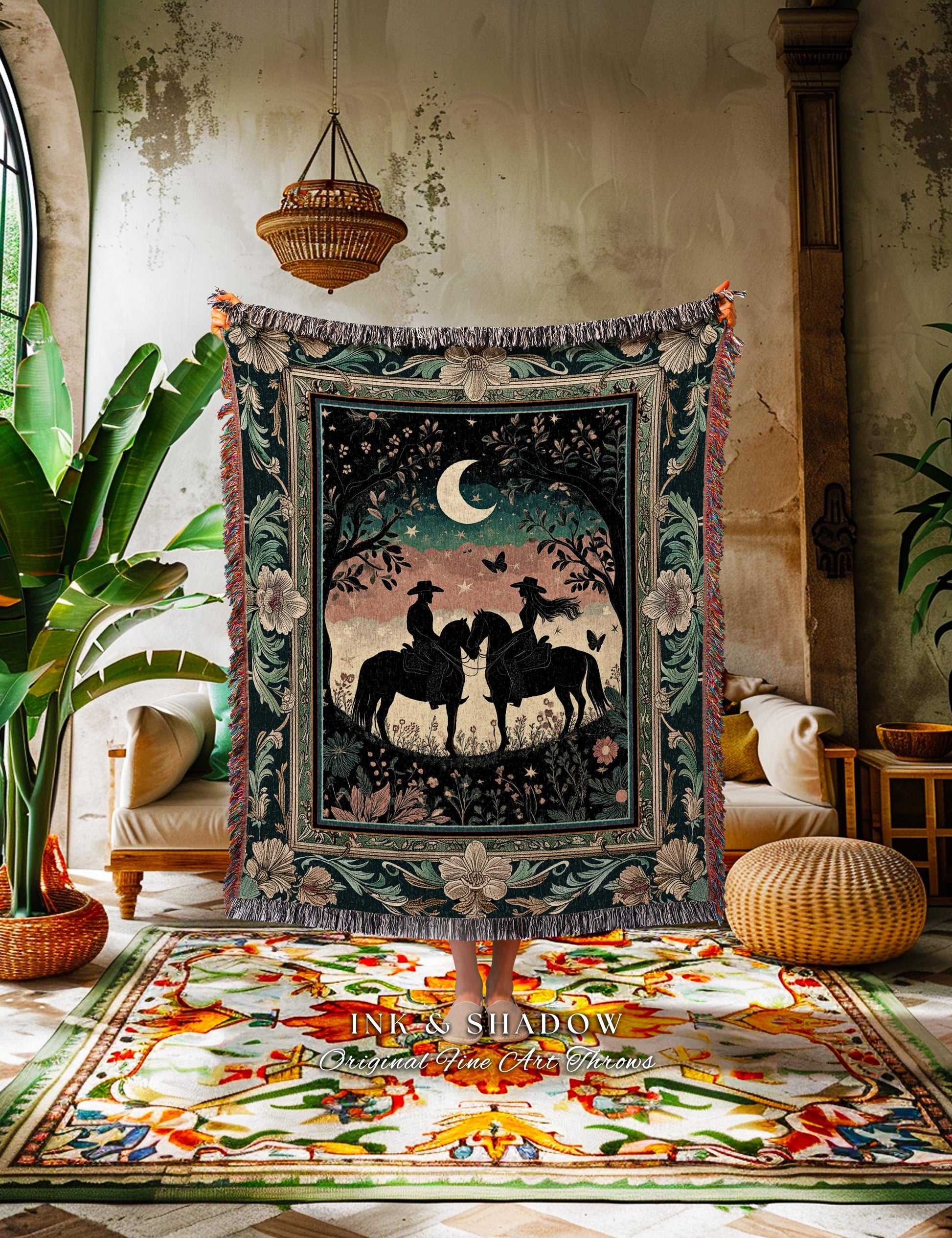 Starry Silhouettes Woven Tapestry | Romantic Moonlit Western Cowgirl Cowboy Ethereal Farmhouse Decor Horse Lover Country Theme Home Decor |