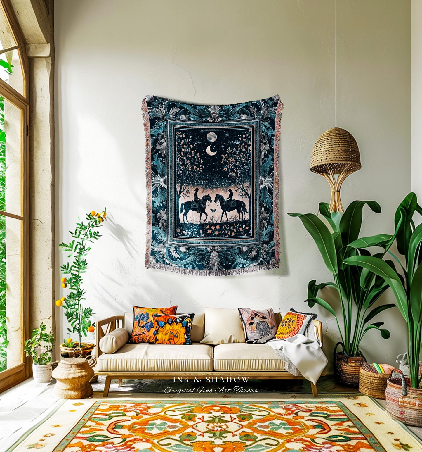 Dreamy Western Charming Throw Blanket | Rustic Moonlit Western Cowgirl Ethereal Farmhouse Decor Southwestern Home Decor Horse Lover Tapestry