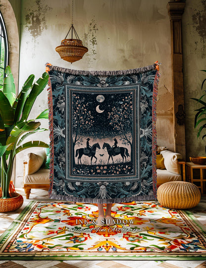 Dreamy Western Charming Throw Blanket | Rustic Moonlit Western Cowgirl Ethereal Farmhouse Decor Southwestern Home Decor Horse Lover Tapestry