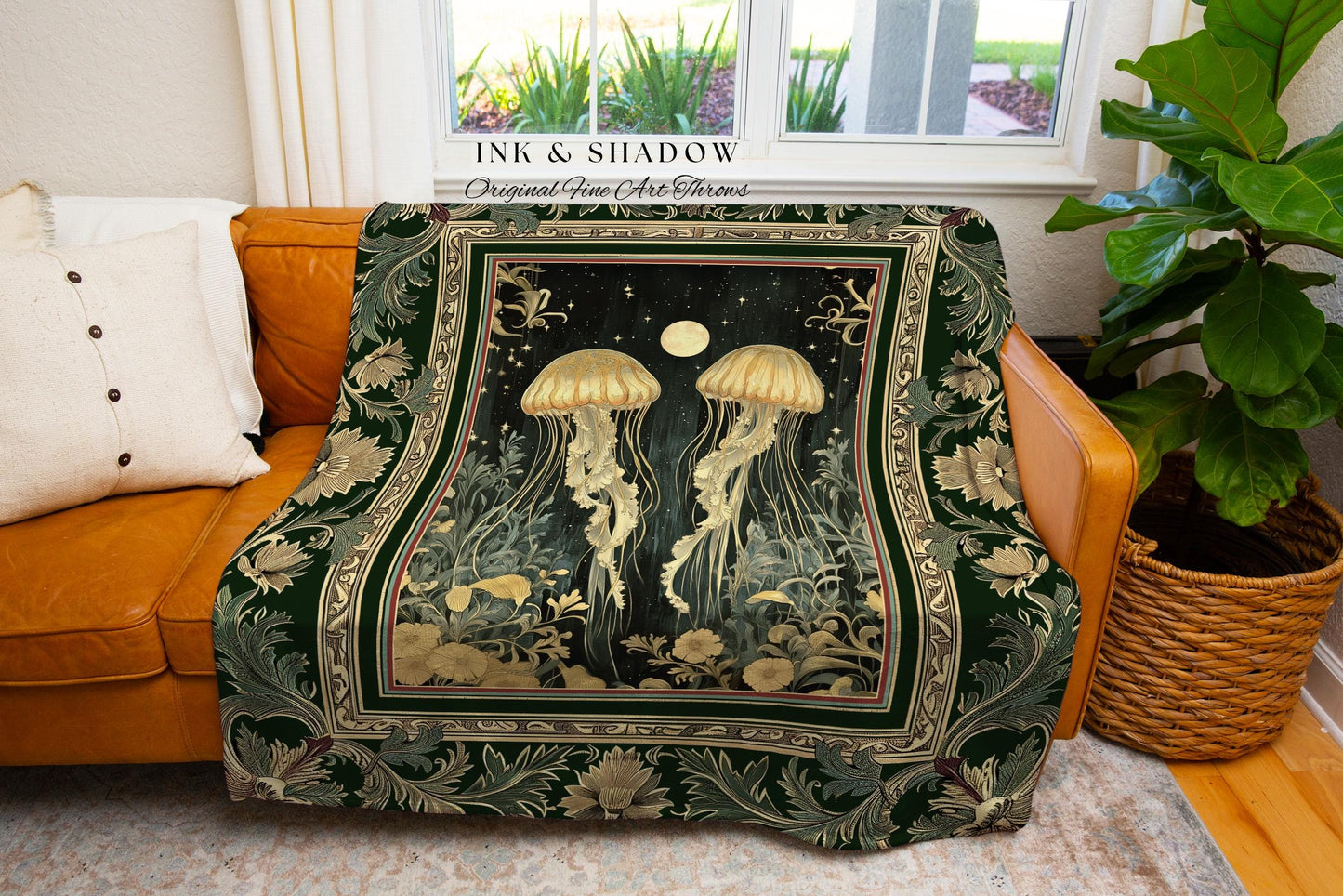 Ethereal Ocean Gothic Jellyfish Blanket | Victorian Floral Cottagecore Eclectic Whimsigothic Dark Floral Woven Tapestry Nautical Sea Life |