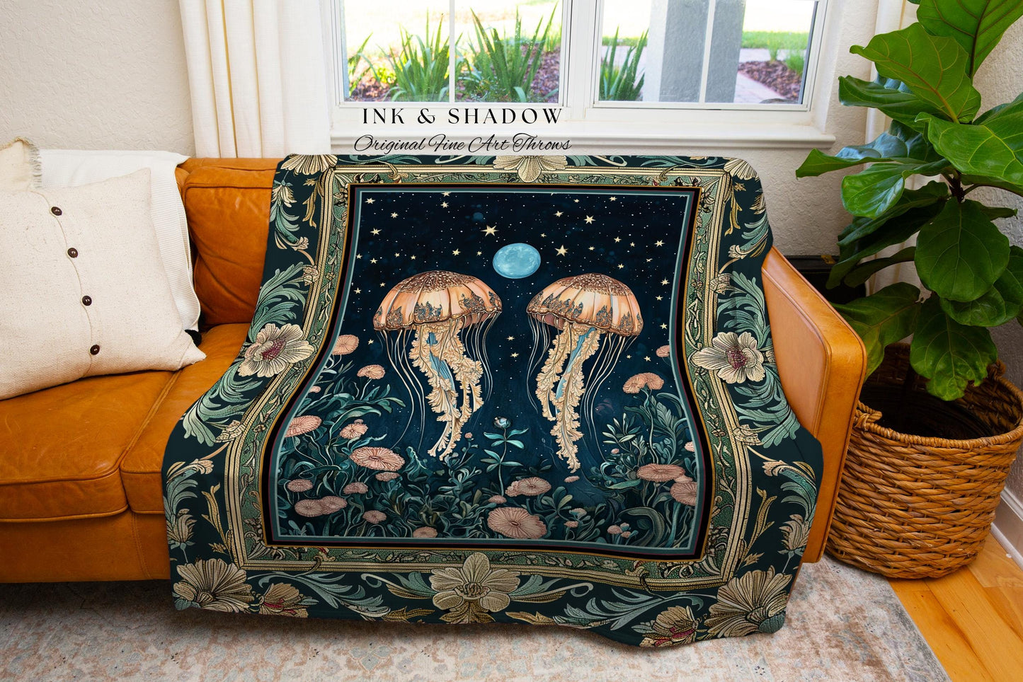 Enchanted Jellyfish Tapestry Midnight Blue Celestial Floral Coastal Cottagecore Woven Blanket Art Nouveau Marine Fairycore Moonlit Mystical